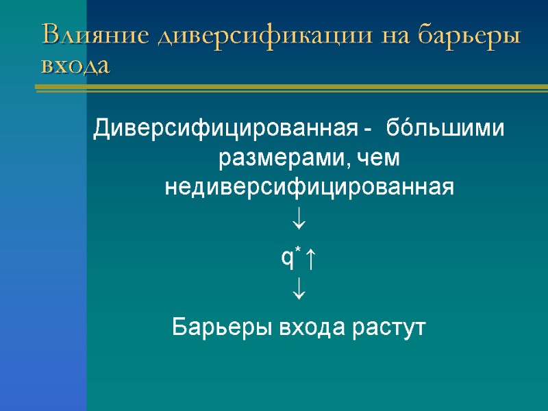 Влияние диверсификации на барьеры входа Диверсифицированная -  бóльшими размерами, чем недиверсифицированная  q*